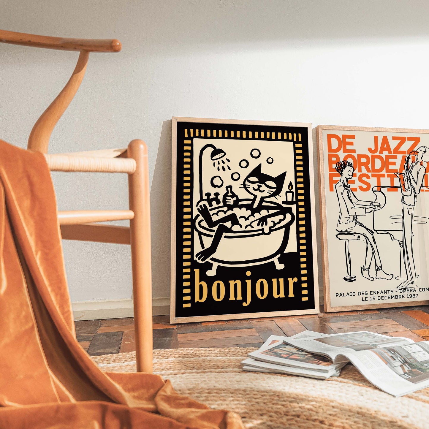 Bonjour Cat Bathtub Poster Print