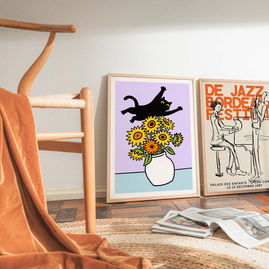 Flying Cat Over Sunflowers Poster