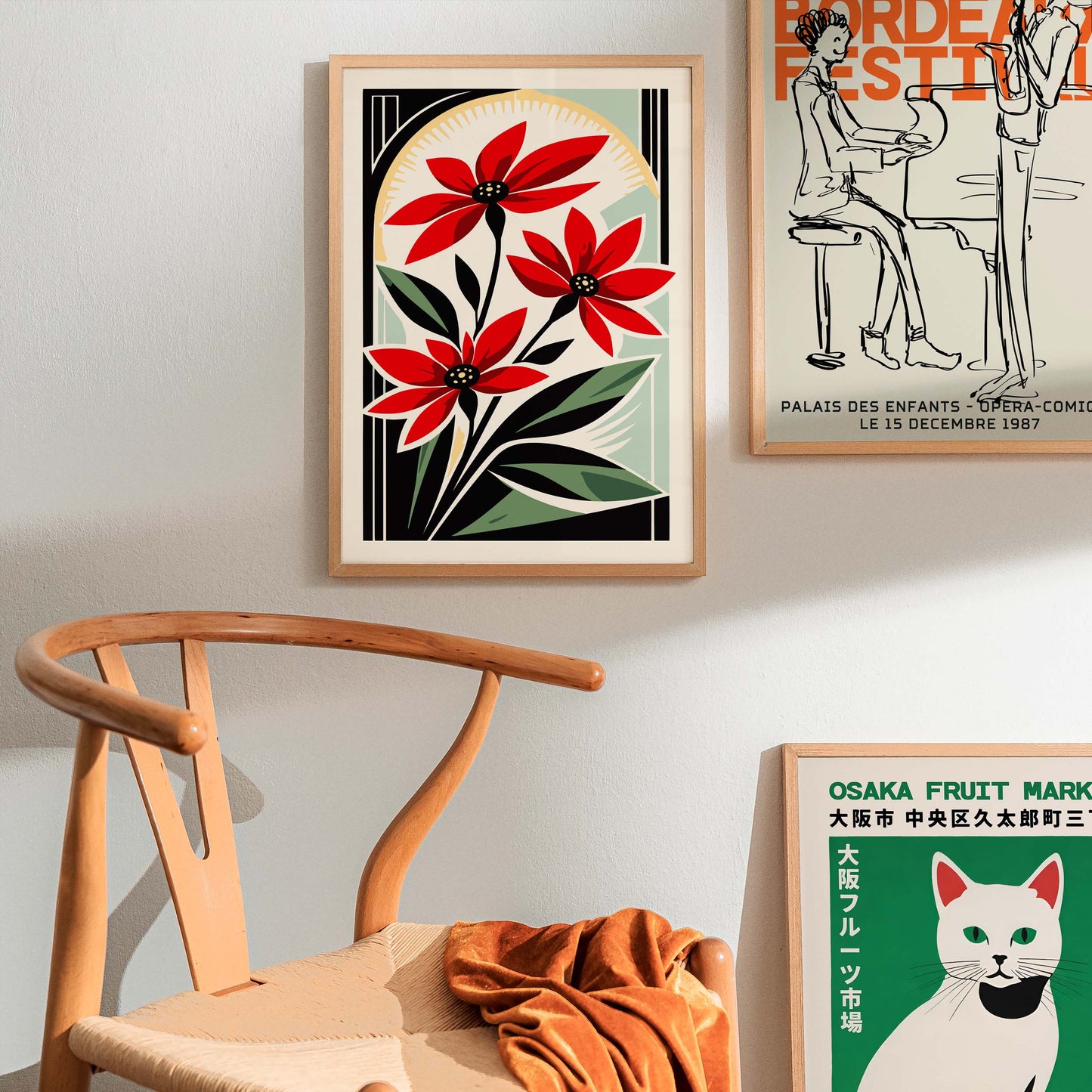 Red Floral Art Deco Wall Art Print