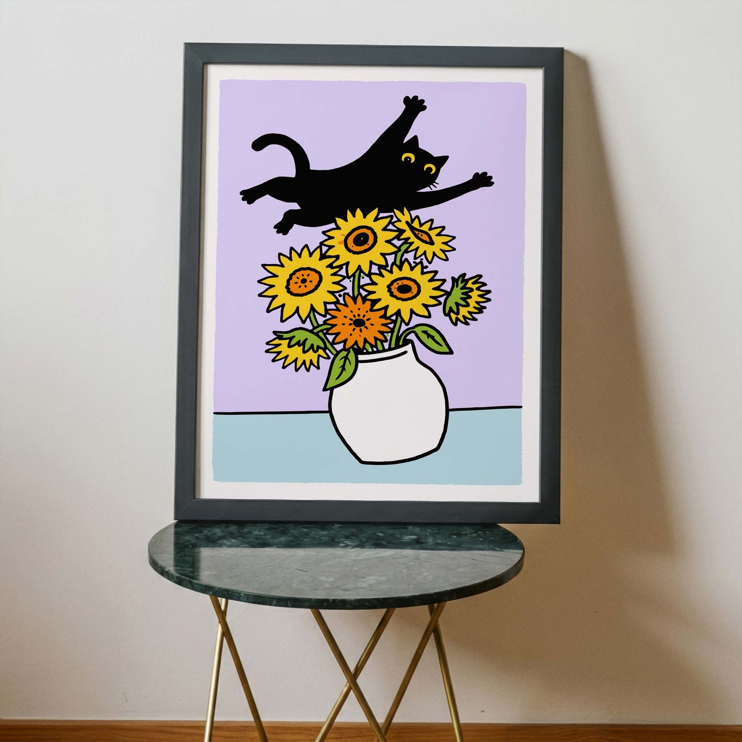 Flying Cat Over Sunflowers Poster