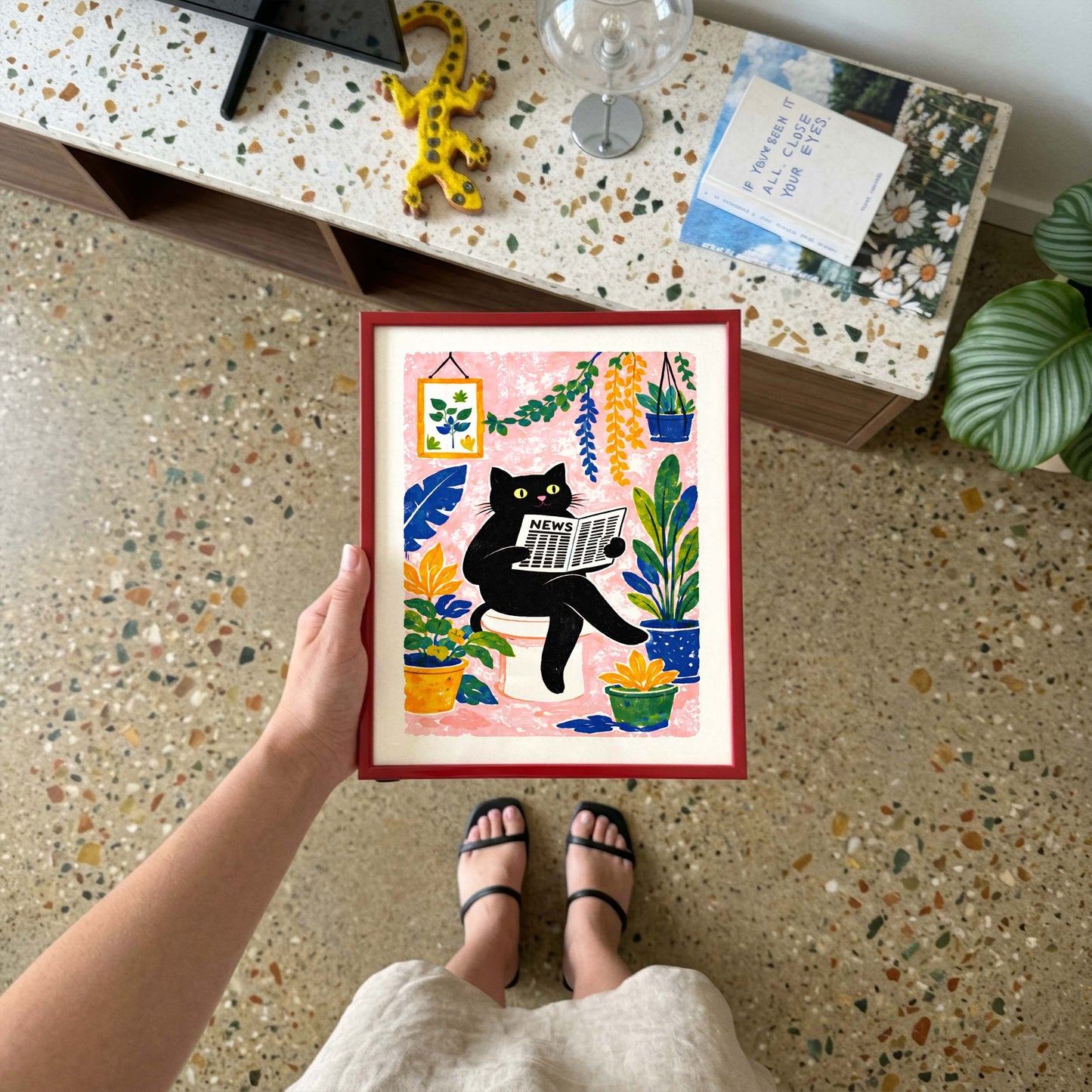 Reading Cat Botanical Poster Print