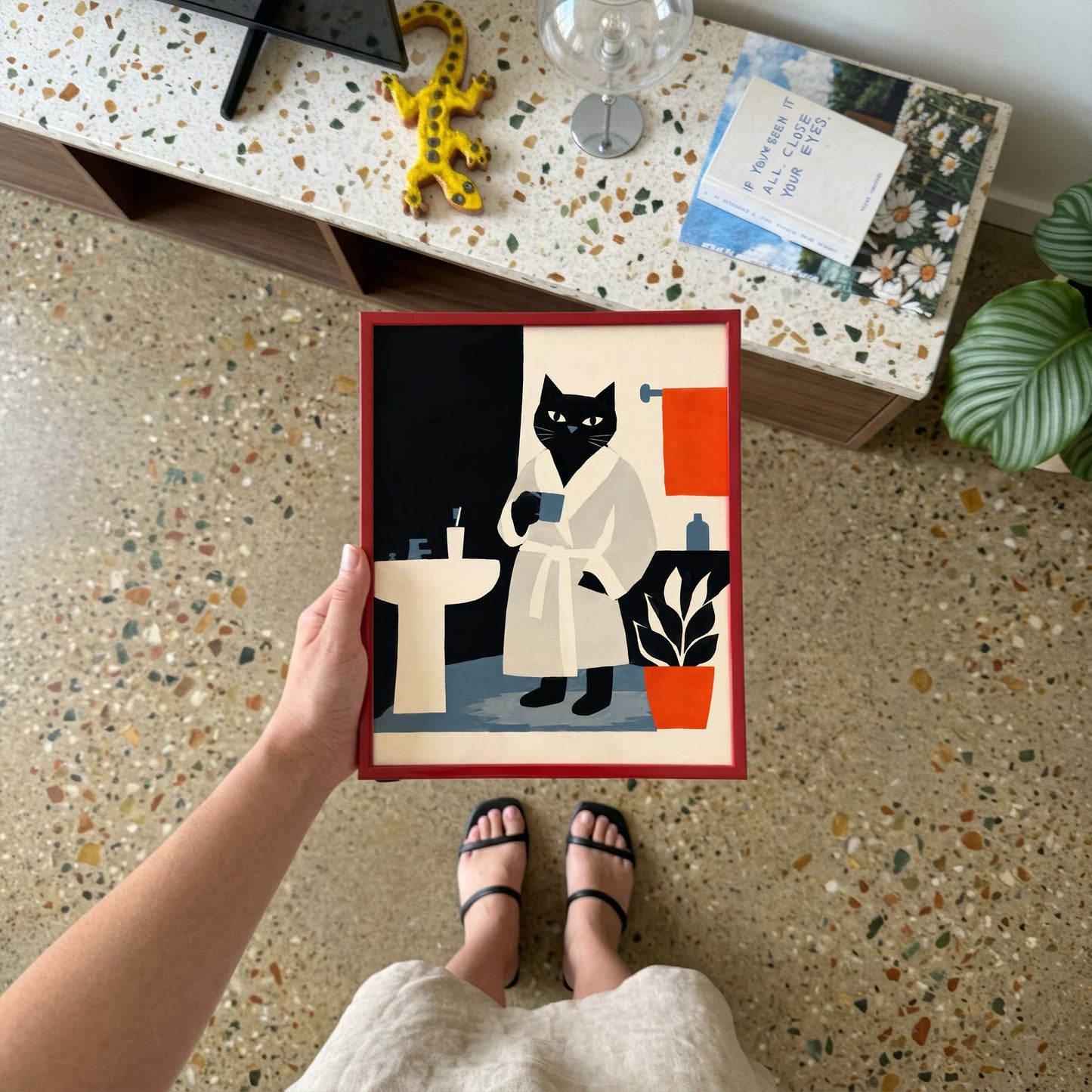 Minimalist Black Cat Morning Routine Print