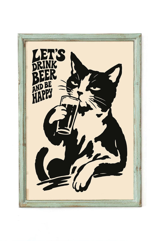 Cat Drinking Beer Wall Art Print
