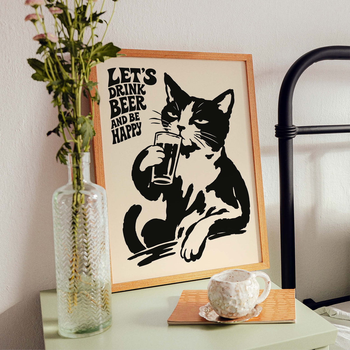 Cat Drinking Beer Wall Art Print