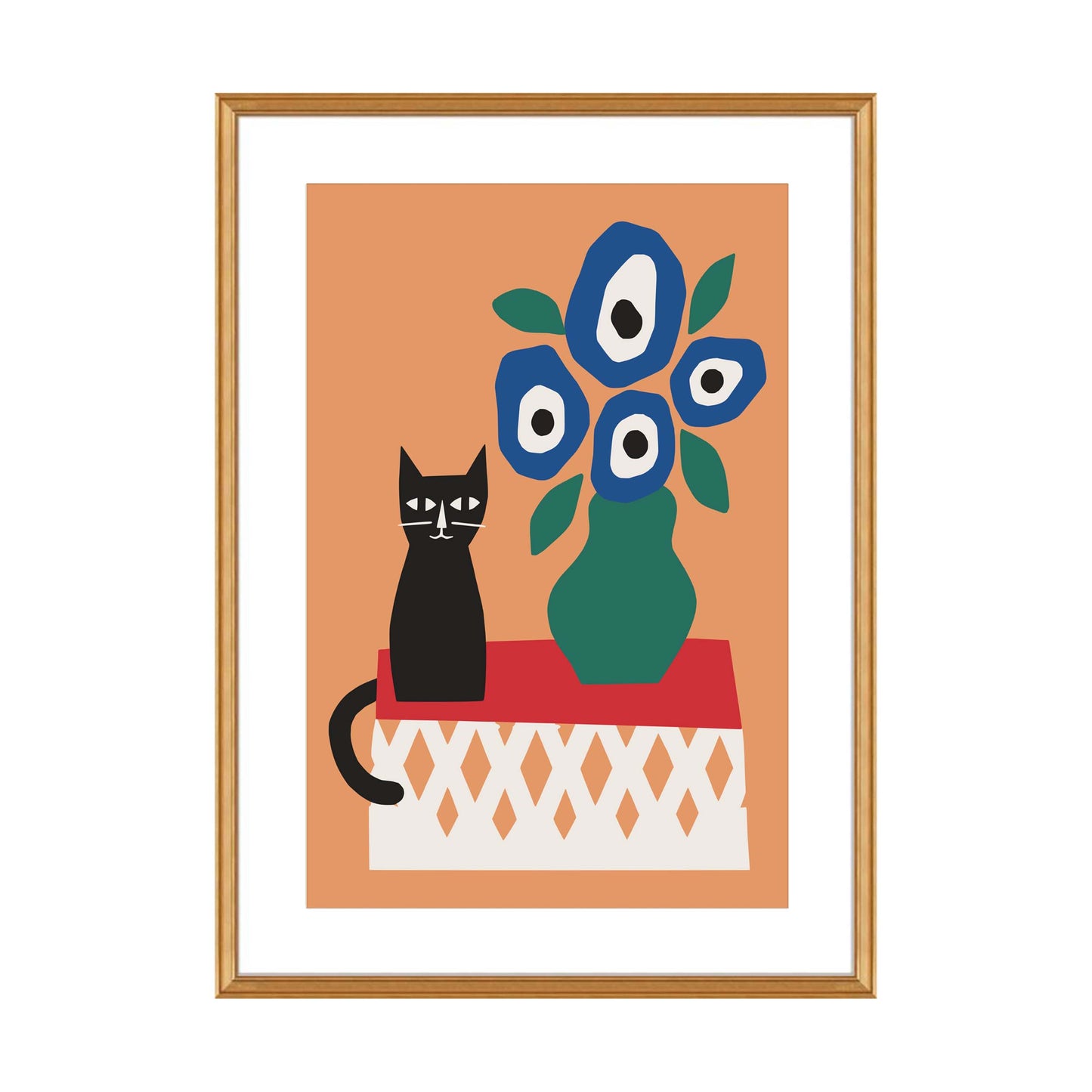 Black Cat Blue Flowers Wall Art