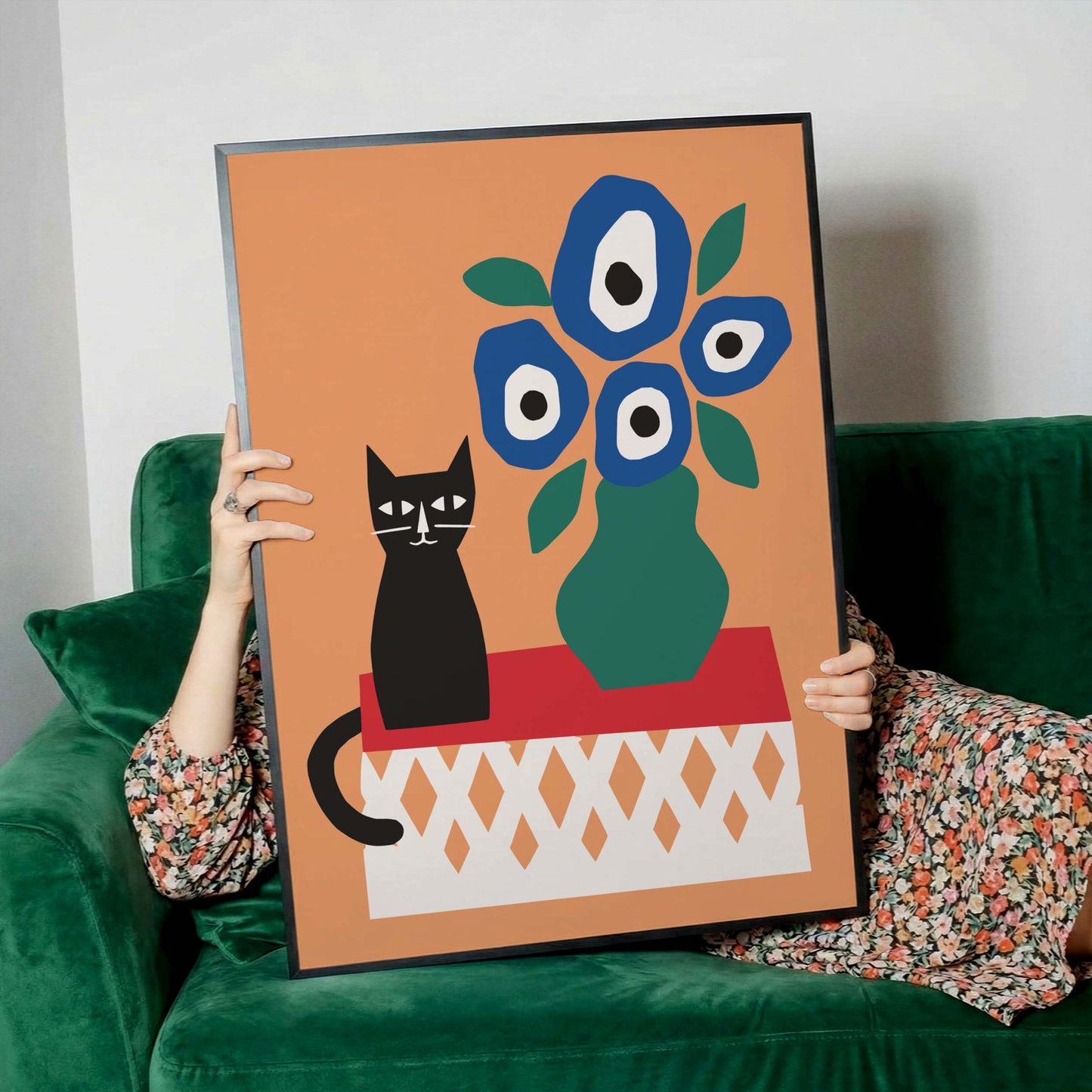 Black Cat Blue Flowers Wall Art