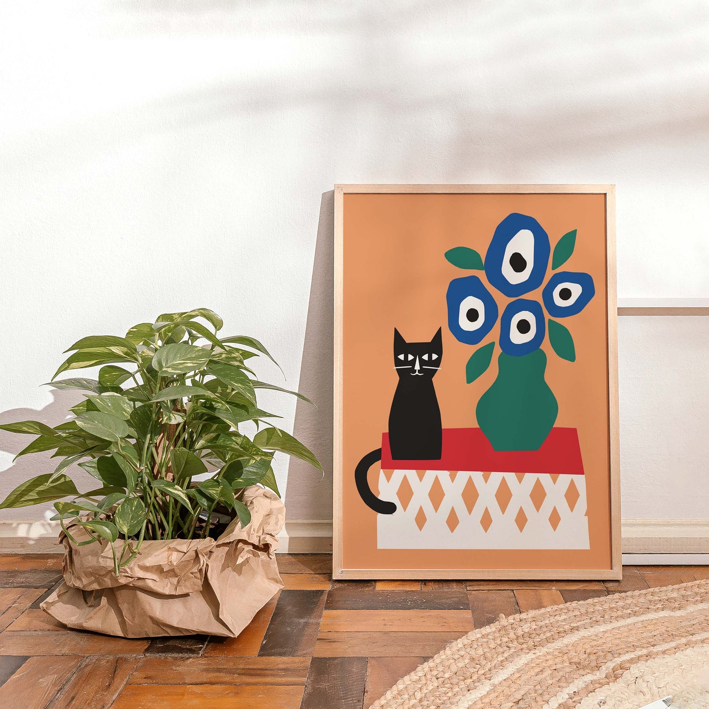 Black Cat Blue Flowers Wall Art