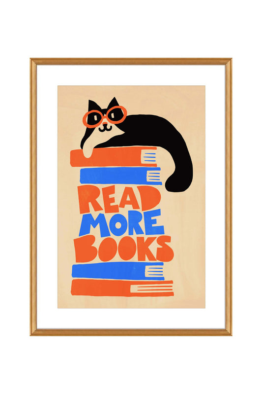Reading Cat Bookshelf Vintage Book Lover Wall Art