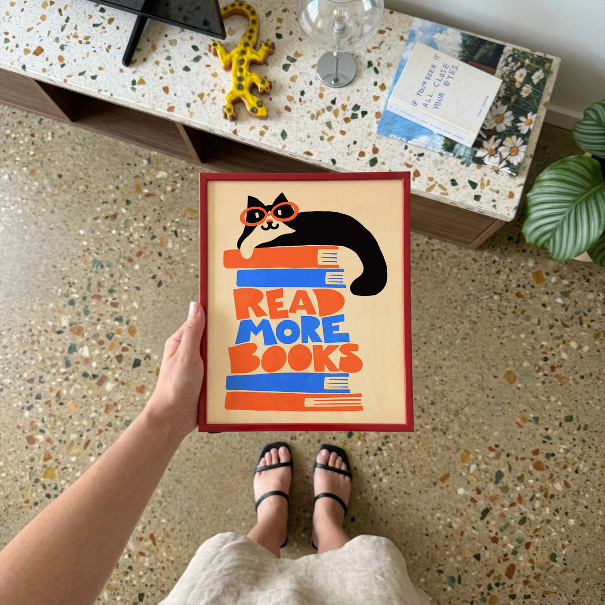 Reading Cat Bookshelf Vintage Book Lover Wall Art