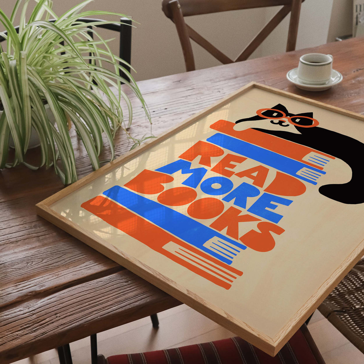 Reading Cat Bookshelf Vintage Book Lover Wall Art