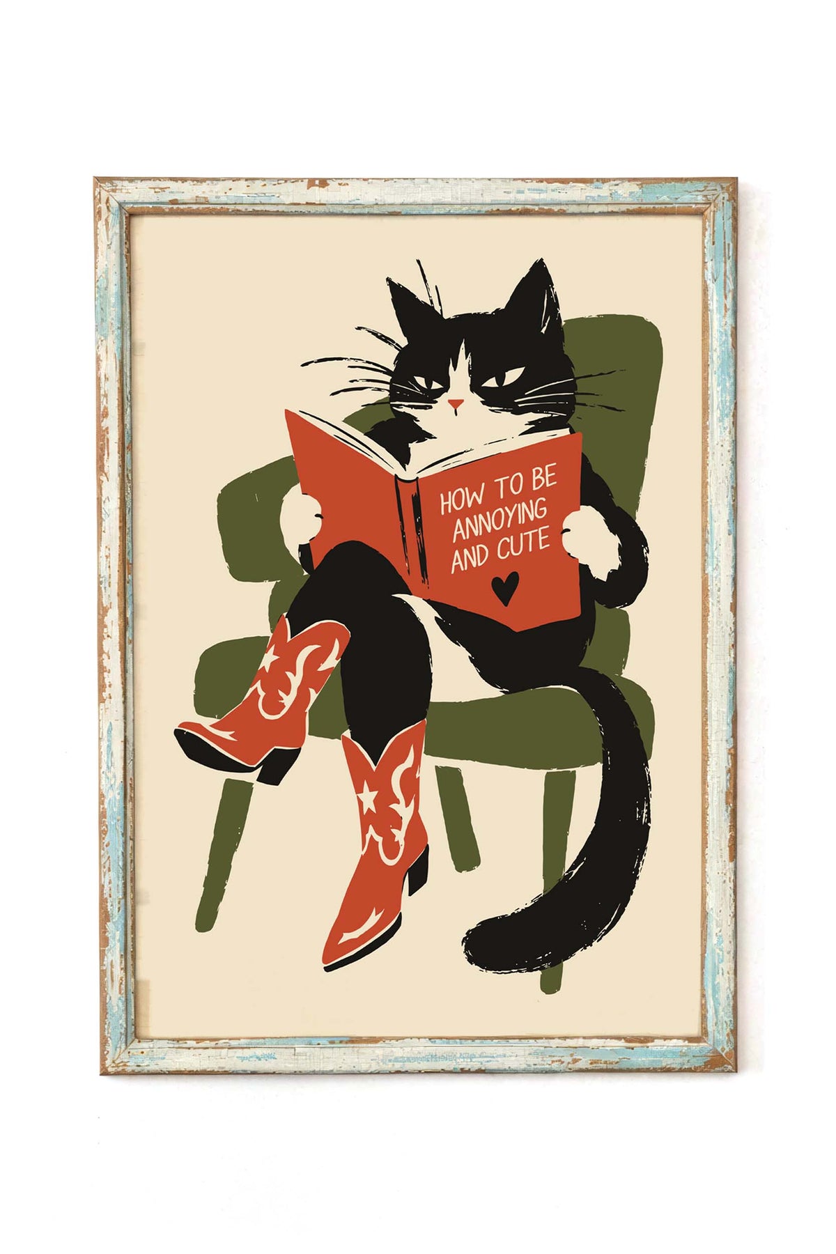 Cowboy Cat Reading Book Wall Art Print