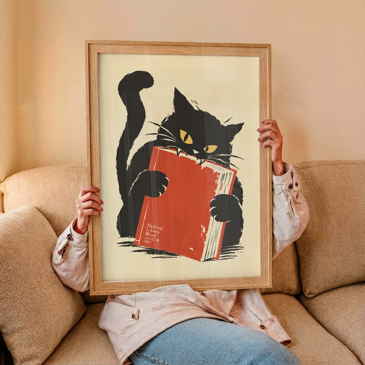 Black Cat Reading Book Poster